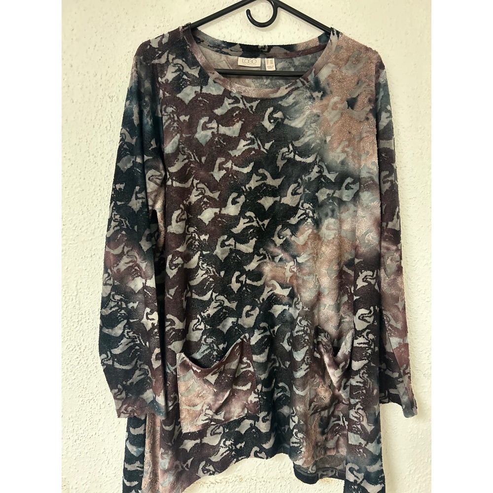 LOGO Lori Goldstein Womens 1X Burnout Knit Tunic Top Sharkbite Hem Pockets